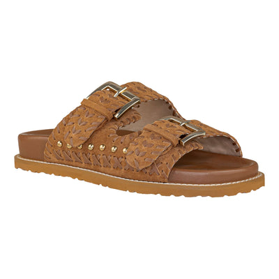 CORAL BLUE SANDAL SLIDE ETHNIC STITCHING TAN