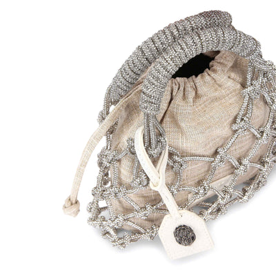 KURT GEIGER LONDON SMALL MACRAME CRYSTAL BAG SILVER